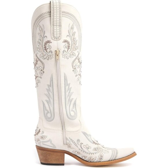Women's Cream Embroidered Rhinestones Knee High Pointed Toe Cowgirl Boots - Picture 3 of 7